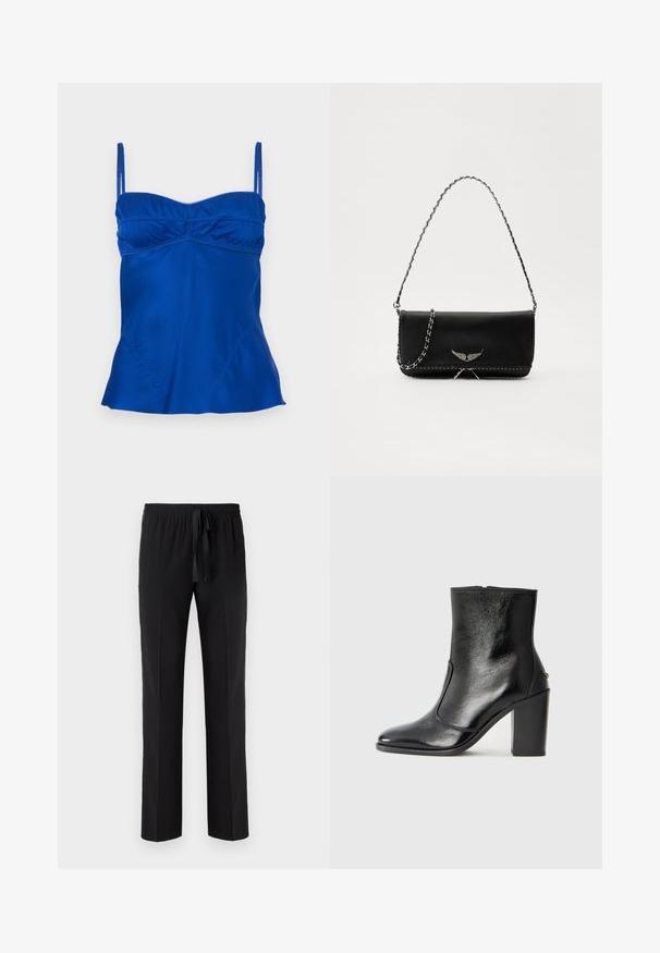 Satiini sininen hihaton paita, jossa on säädettävät olkaimet, kerrostettu rintamuka ja liehukhem. Sileä pinta ja ohuita ompelutekstejä.; Mustat housut, joissa on joustava vyötärö ja säädettävä naru, suoran lahkeen muotoilu ja sileä pinta. Ei kuvioita tai koristeita.; Mustat nahka ankle bootit, joissa on sileä pinta, terävä kärki ja paksu korkea korko. Sivusaumassa on avaus ja muuten yksinkertainen muotoilu.; Musta nahkalaukku, jossa on hopeaketjuolkaimet, koristelu siipiyksityiskohdilla ja valkoisella ommellulla sauman alareunassa.
