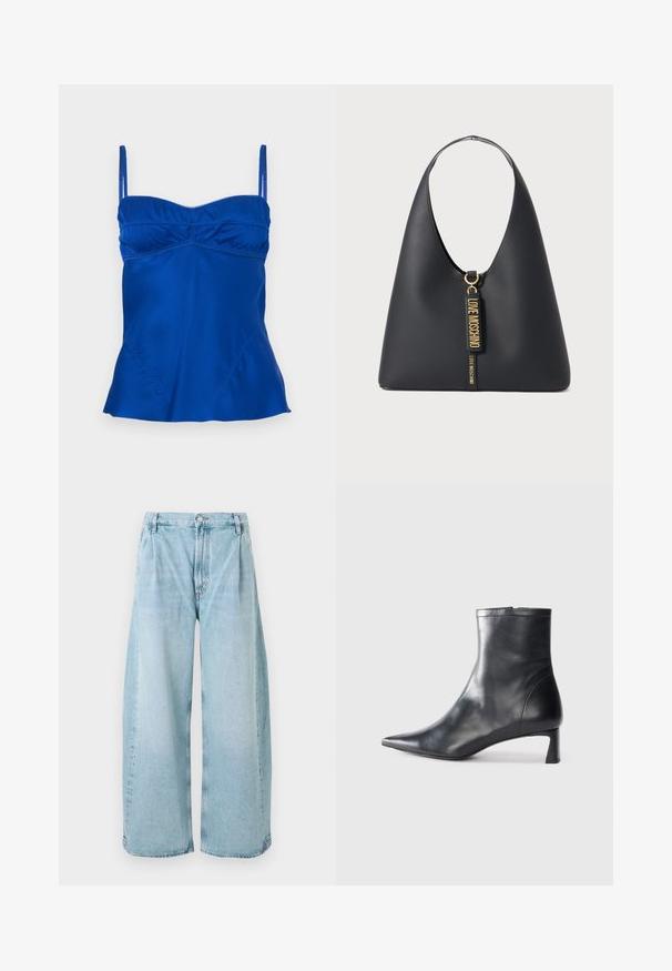 Satin blå cami med justerbare stropper, en rynket buste og en svajet kant. Glat tekstur med subtile sydetaljer.; Lysblå vide denimbukser med plisseringer foran, en knaplukning og lige afslutninger, med en falmet tekstur hele vejen igennem.; Sort læder ankelstøvle med spids tå og et strømlinet design. Har en lav hæl og en lynlås lukning bagpå. Glat tekstur.; Sort læder skuldertaske med en bred rem, guld hardware, og to hængende mærker præget med "LOVE MOSCHINO" i guld bogstaver.