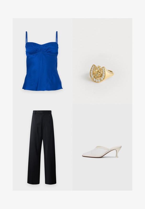 Satin blue camisole with adjustable straps, a gathered bustline, and a flared hem. Smooth texture with subtle stitching details.; Wide-leg trousers in dark navy, featuring a button closure, front pleats, and smooth fabric with a clean, tailored design.; White mesh pointed-toe mule with a slim mid-height heel and slip-on design against a plain background.; Gold ring with a crown design inside a horseshoe, decorated with small clear gemstones, on a white background.