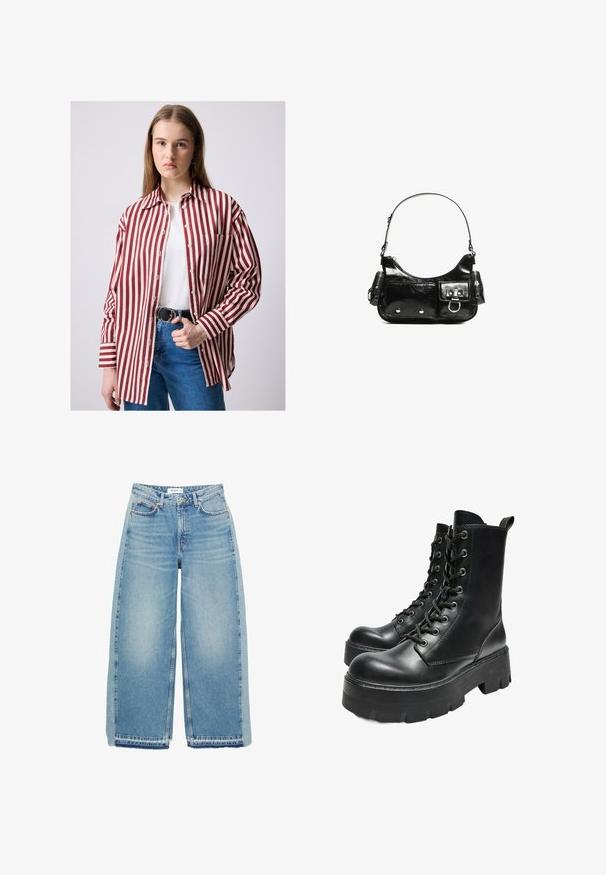 Red and white striped button-up shirt with a collar, chest pocket, and long sleeves, paired with high-waisted blue jeans and a black belt.; Light blue wide-leg jeans made of denim, featuring a high waist, button closure, front pockets, and raw hem.; Bershka TRACK - Platform ankle boots - black; Black patent leather handbag with a curved shape, one shoulder strap, front pockets, and silver-tone hardware accents.