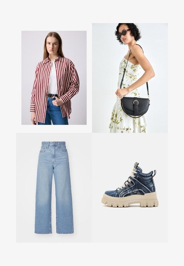 Sarkans un balts svītrots krekls ar apkakli, krūšu kabatu un garām piedurknēm, apvienots ar augsto jostasvietu zilām biksēm un melnu jostu.; Gaiši zili augstās jostas vidukļa platās bikses ar priekšējo pogu un rāvējslēdzēju, priekšējām un aizmugurējām kabatām uz baltā fona.; Buffalo ASPHA MID - Augsti sporta apavi - blue; Melnas ādas rokassoma ar izliekta formu, noņemamu siksnu un zelta aksesuāriem. Somai ir vāciņš ar sprādzes detaļu.