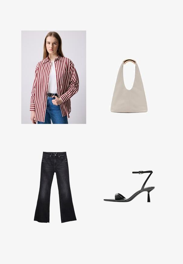 Röd och vit randig skjorta med knappar, krage, bröstficka och lång ärm, i kombination med högmidjade blå jeans och ett svart bälte.; Svarta utställda jeans i denim med en något blekt textur. Har framlappar, dragkedja och synliga sömnadsdetaljer.; Bershka Sandaletter - black; Ljusgrå läderväska med en U-formad design och ett böjt metallhandtag. Slät textur med minimal sömnad och inga synliga mönster.