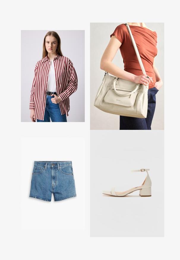 Czerwono-biała koszula zapinana na guziki z kołnierzykiem, kieszonką na piersi i długimi rękawami, zestawiona z niebieskimi dżinsami z wysokim stanem i czarnym paskiem.; Jasnoniebieskie szorty dżinsowe z pięcioma kieszeniami, z zamkiem błyskawicznym i zapięciem na guzik. Rant jest postrzępiony, a krój jest luźny.; Beżowe sandały na słupku z kwadratowym przodem. Posiadają cienki pasek na kostkę z klamrą, gładką skórzano-podobną fakturę oraz umiarkowaną wysokość obcasa.; Biała skórzana torebka z podwójnymi uchwytami i odczepianym paskiem, z przednią kieszenią na zamek i gładką fakturą. Nioszona na ramieniu przez osobę.