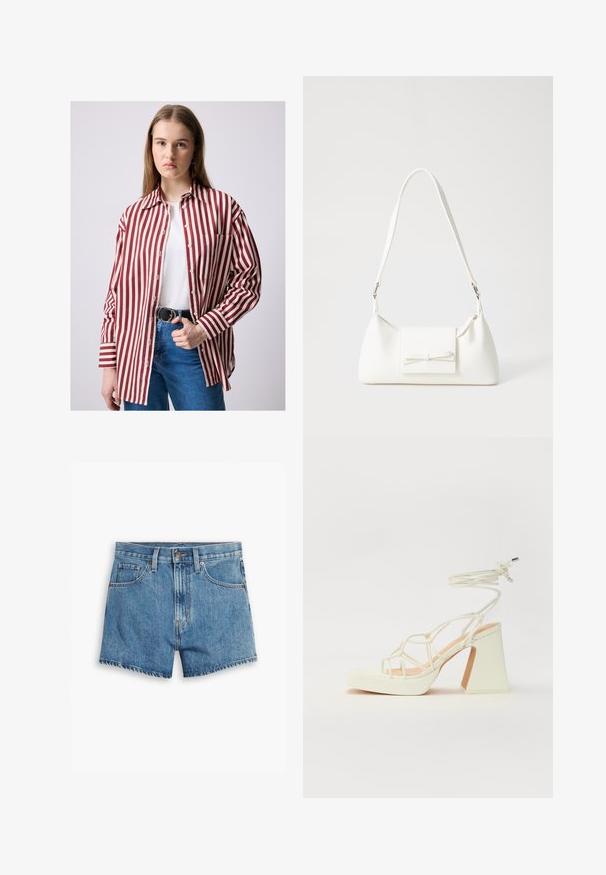 Raudonai ir balti dryžuoti marškiniai su apykakle, krūtinės kišenė ir ilgomis rankovėmis, poruojami su aukštu liemeniu mėlynomis džinsomis ir juodu diržu.; Šviesiai mėlyni džinsiniai šortai, turintys penkis kišenes, užtrauktuko užsegimą ir mygtuko uždarymą. Apačia yra nusidėvėjusi, o dizainas yra laisvo pjūvio.; Balti aukštakulniai sandalai su masyviu kulnu, su dirželių dizainu ir kulkšnies raiščiu. Lygi tekstūra su platforma priekyje, suteikianti papildomą aukštį.; Balta sintetinė rankinė trikampio formos, plokščiu priekiu su užsegimu, kaspino detale, reguliuojama dirželiu, lygia tekstūra ir minimalistišku dizainu.