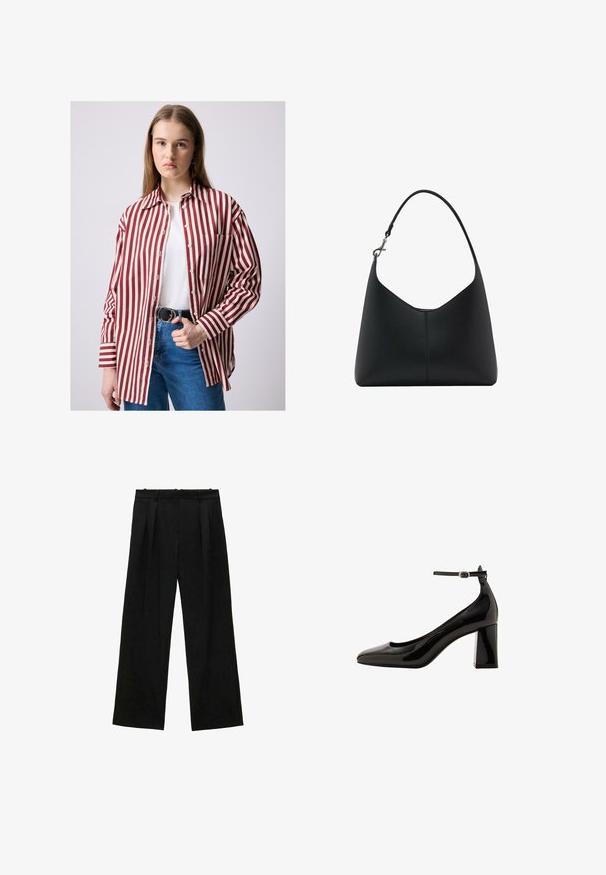 Cămașă cu dungi roșii și albe, cu guler, buzunar pe piept și mâneci lungi, purtată cu blugi albastri cu talie înaltă și o curea neagră.; Pantaloni negri cu picioare largi și pliseuri, având o textură netedă și un design cu talie înaltă. Stil minimalist, fără accesorii sau detalii vizibile.; Pantofi cu toc cu curea la gleznă din piele patentată neagră, cu un finisaj glossy, vârf ascuțit și toc gros. Textură netedă, detalii minime.; Geantă din piele neagră cu un design curbat, curea de umăr îngustă și o deschidere triangulară. Caracteristici de construcție fără cusături și hardware minimal.