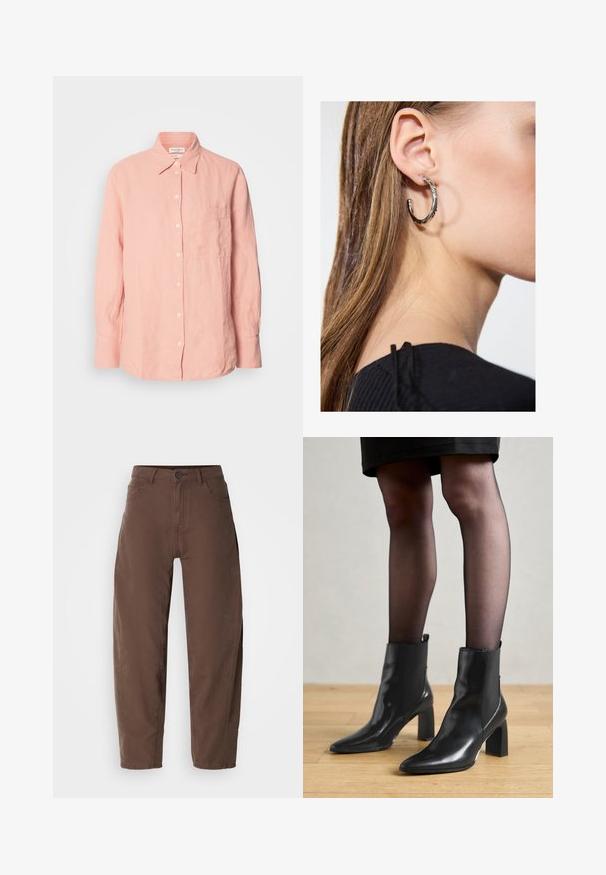 Světle růžová lněná košile s límečkem, knoflíkovým zapínáním, dlouhými rukávy a kapsou na levé straně. Texturovaná látka s volným střihem.; Hnědé kalhoty rovného střihu s předním knoflíkem a zipem, poutky na opasek a bočními kapsami, vystavené na bílém pozadí.; Černé kožené kotníkové boty s špičatou špičkou, robustním čtvercovým podpatkem a elegantním designem. Obsahují elastické boční panely pro snadné obouvání.; Stříbrný kruhový náušník s lesklým povrchem, zdobený malými zlatými akcenty, v kulatém tvaru, nošený na lalůčku.
