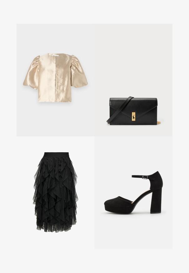 Satin-beigefarbenes Crop-Top mit Puffärmel, rundem Ausschnitt und zentralem Verschluss. Das Design verfügt über eine glatte Textur mit einem subtilen Schimmer.; Schwarzer Midirock aus geschichtetem Tüll mit Rüschendesign. Verfügt über einen elastischen Bund. Durchsichtiger Stoff sorgt für Textur und Bewegung.; Schwarze Wildleder-Plattformabsätze mit einem dicken Blockabsatz, runder Zehenpartie und einem Knöchelriemen, der mit einer Metallschnalle gesichert ist. Glatte Oberfläche über das gesamte Schuhwerk.; Schwarze Leder-Geldbörse mit Klappverschluss, goldfarbener Hardware und Logo-Akzent. Inklusive abnehmbarem Trageriemen.