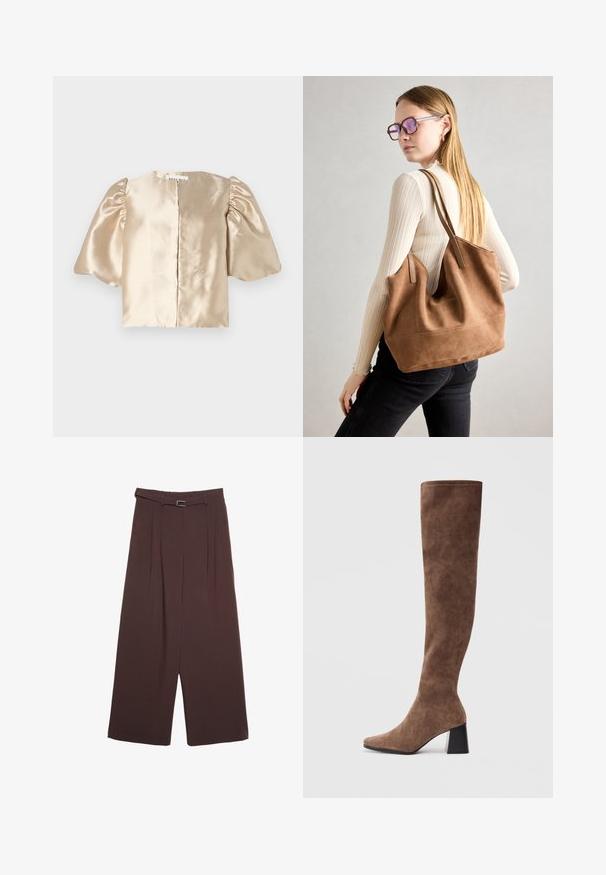 Crop top beige en satin avec des manches bouffantes, un col rond et une fermeture centrale. Le design présente une texture lisse avec un léger éclat.; Stradivarius WIDE-LEG WITH BUCKLE DETAIL  - Pantalon classique - dark brown; Bottes marron au-dessus du genou en suede doux avec un bout pointu et un talon épais noir. Le design présente des coutures sans couture pour un look élégant.; Sac fourre-tout en daim marron avec une texture douce, grande ouverture et longues sangles. Présente un design simple avec des coutures visibles et sans matériel.