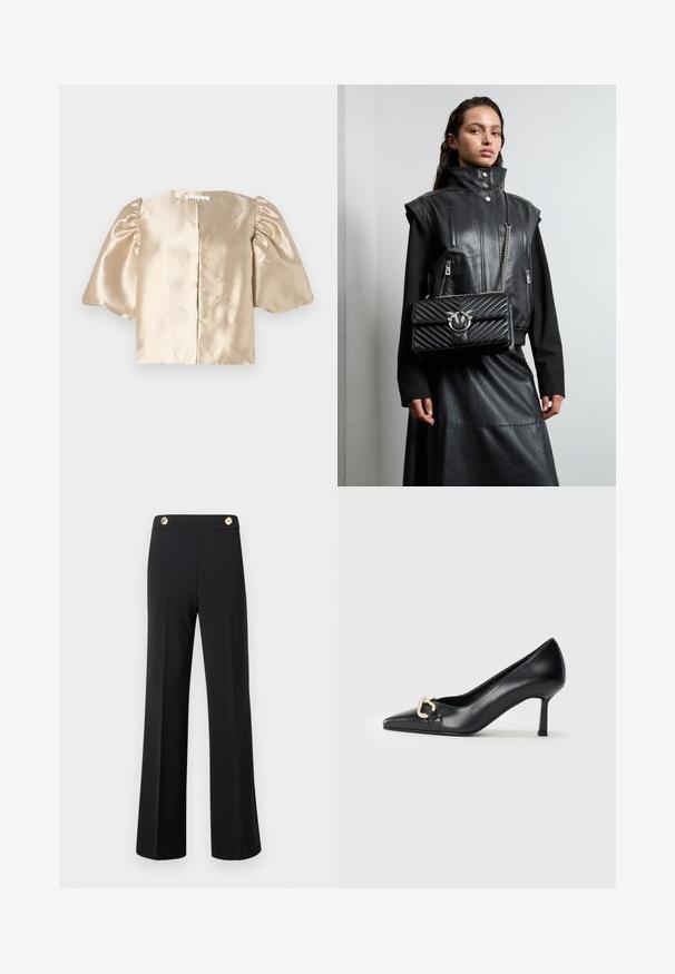 Satin bež top s kratico in napihnjenimi rokavi, okroglim izrezom in osrednjim zapiranjem. Oblikovanje se ponaša z gladko teksturo in subtilnim sijajem.; Črne hlače s visokim pasom in širokimi nogavicami z sprednjimi šivi ter dvema zlatima gumboma na pasu, postavljene na belo ozadje.; Črne usnjene šalke z ostrim nosom in 7 cm peto. Oznaka z zlatim srčastim okrasjem na strani. Splošna gladka tekstura.; Črni usnjeni brezrokavnik z visokim ovratnikom, zadrgami in črno kviltirano torbico z srebrnimi dodatki, oblečen z dolgo črno krilo.