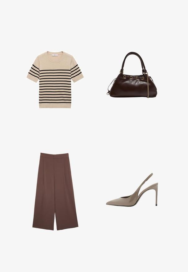 Bežna kratkosleeva pulover s črnimi horizontalnimi črtami, okrogel ovratnik in pletena tekstura. Preprost, klasičen dizajn brez dodatnih poudarkov.; Rjave široke hlače z gladko teksturo, ki imajo visok pas in sprednje naborke. Tkanina je lahka in prosto pada.; Bež patentirana usnjena slingback visokih pet, s koničastim nosom in eleganto zasnovo, ki vključuje tanke visoke pete in izrez na strani.; Temno rjava usnjena torbica z gladko končno obdelavo, ki se ponaša s strukturirano obliko, zlate barve okovjem in dvema ročajema s verižnim dodatkom.