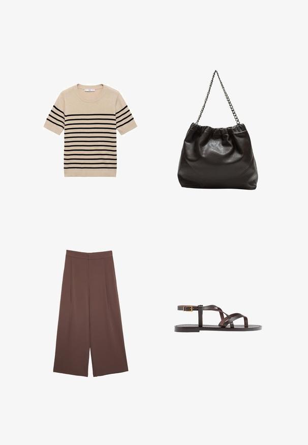 Maglione beige a maniche corte con strisce orizzontali nere, scollo rotondo e texture a maglia. Design semplice e classico senza ulteriori dettagli.; Pantaloni ampi marroni con una texture liscia, caratterizzati da una vita alta e pieghe frontali. Il tessuto è leggero e scorre liberamente.; Sandal in pelle marrone con cinturini incrociati, chiusura con cinturino alla caviglia e suola piatta con dettagli di cucitura minimi.; Borsa in pelle marrone con parte superiore arricciata e tracolla a catena. Texture liscia con finitura lucida e dettagli di cucitura sottili sui lati.