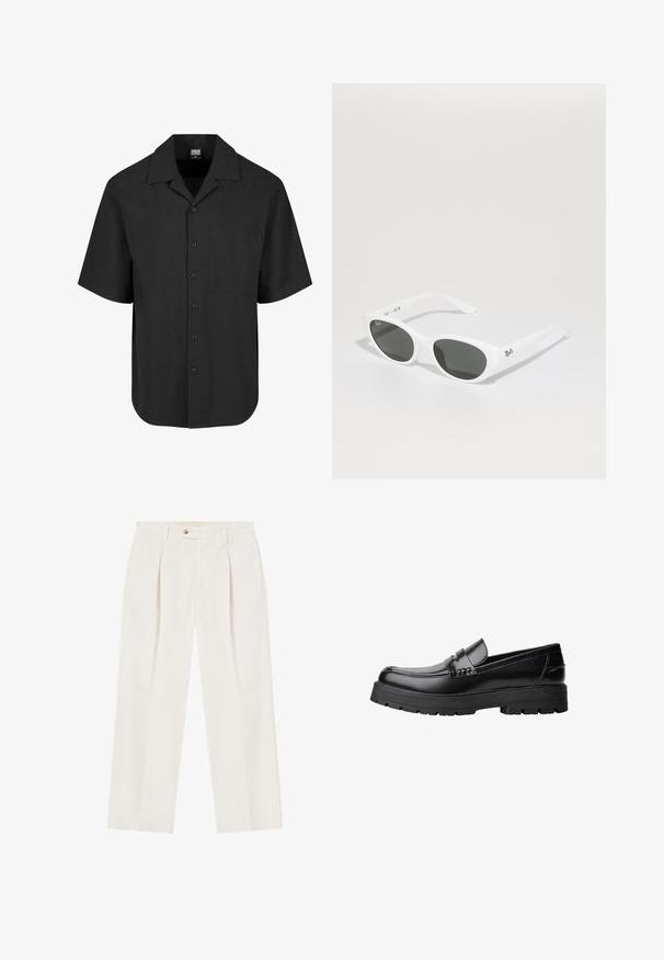Črna kratka majica s kratkimi rokavi, ki ima teksturiran vzorec, koničast ovratnik in sprednji žep. Zapenjanje s gumbi na sprednji strani.; Bele, široke hlače z nagubami spredaj, z enim gumbom na zapiranju in stranskimi žepi. Gladka tekstura in krojena zasnova.; Črne usnjene loafersice s debelim profiliranim podplatom in dekorativnim pasom čez zgornji del, prikazane v levem stranskem profilu na beli podlagi.; Bela sončna očala s okroglimi okvirji in temnimi lečami. Imajo gladko plastično teksturo in majhen logo na ročaju.