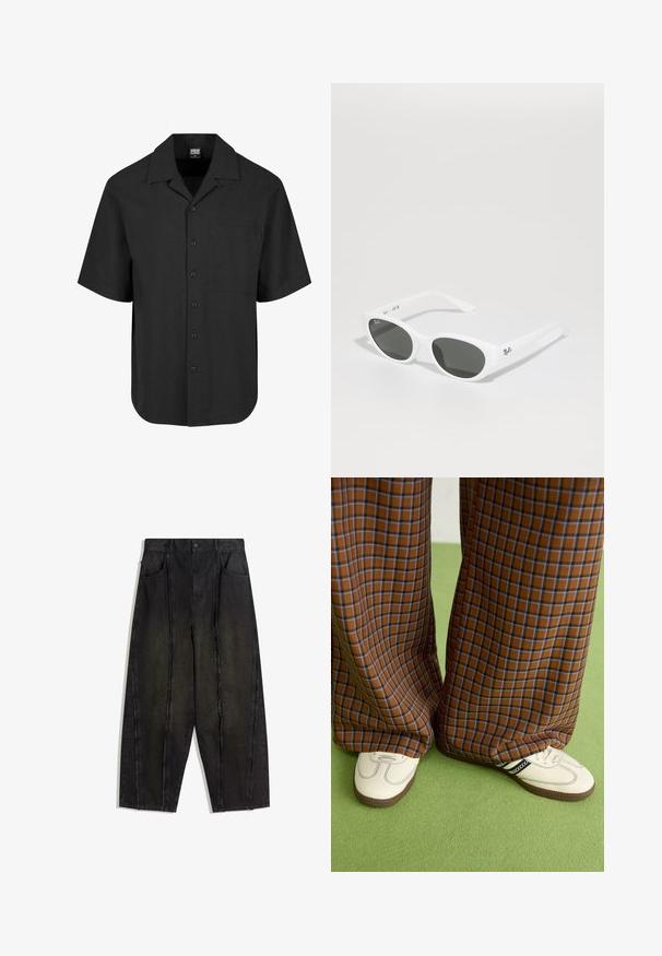 Czarna koszula krótki rękaw z teksturowanym wzorem, z kołnierzykiem w kształcie szpica i kieszenią z przodu. Zapięcie na guziki z przodu.; Czarne szerokie spodnie dżinsowe z widocznymi szwami i postrzępionymi krawędziami, z dwoma przednimi kieszeniami i wysokim stanem.; Brązowo-niebieskie spódnice w kratę o szerokich nogawkach zestawione z białymi butami z czarnymi akcentami i teksturowaną podeszwą, na tle zielonego tła.; Białe okulary przeciwsłoneczne z zaokrąglonymi oprawkami i ciemnymi soczewkami. Wyróżniają się gładką plastikową teksturą i małym logo na zausznicy.