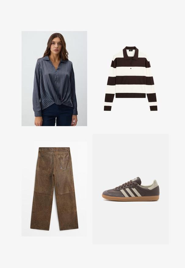 Camicia a maniche lunghe blu navy a righe con colletto e dettaglio annodato sul davanti. Il materiale è liscio con una leggera lucentezza.; Polo a maniche lunghe con righe orizzontali alternanti marrone scuro e bianche, colletto e pattina con bottoni. Realizzato in tessuto morbido.; Pantaloni larghi in pelle marrone con due tasche posteriori e cuciture visibili, mostrati da dietro su uno sfondo bianco.; Sneaker in pelle marrone con tre strisce chiare, suola in gomma, punta arrotondata e dettagli in suede texture sul tallone e sulla punta.