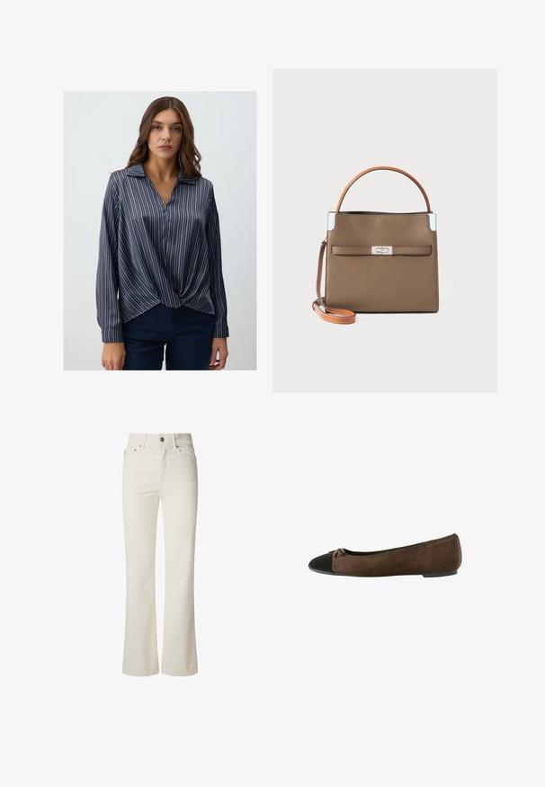 Navy und gestreiftes Button-Up-Hemd mit Kragen, Knotendetail vorne und langen Ärmeln. Das Material ist glatt mit einem leichten Glanz.; Weiße, aus Denim gefertigte, ausgestellte Jeans. Merkmale sind eine hohe Taille, fünf Taschen und ein metallischer Knopfverschluss. Glatte Textur ohne sichtbare Muster.; Braune Wildleder-Ballettschuhe mit schwarzer Zehenkappe und kleiner Schleifendetail, niedriger Absatz und elastischem Besatz am Ausschnitt.; Braune Lederhandtasche mit strukturiertem Design, orangefarbenem Griff, silbernen Beschlägen und einer Vordertasche mit Verschluss.