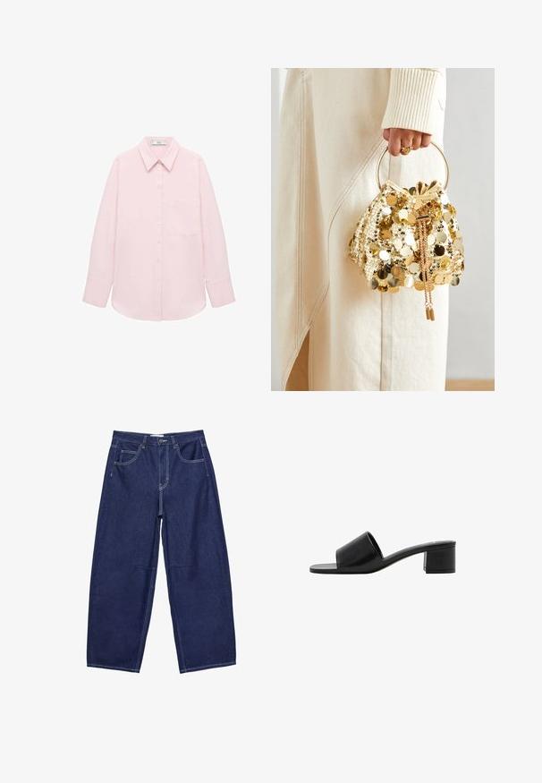 Helles rosa Langarmhemd mit Knopfleiste, spitzem Kragen, einer einzelnen Tasche und glatter Textur. Mit aufgekrempelten Ärmeln.; Dunkelblaue Jeansweite Hosen mit hoher Taille, fünf Taschen und kontrastierenden weißen Nähten. Glatte Textur, klassisches Design.; Schwarze Leder-Sandale mit offenem Zehenbereich, breitem Riemen und solidem Blockabsatz. Sie zeichnet sich durch eine glatte Textur und ein minimales Design aus.; Goldfarbene Drawstring-Handtasche mit einem runden Griff, verziert mit glänzenden runden Pailletten und einem strukturierten Stoff. Abmessungen sind nicht angegeben.