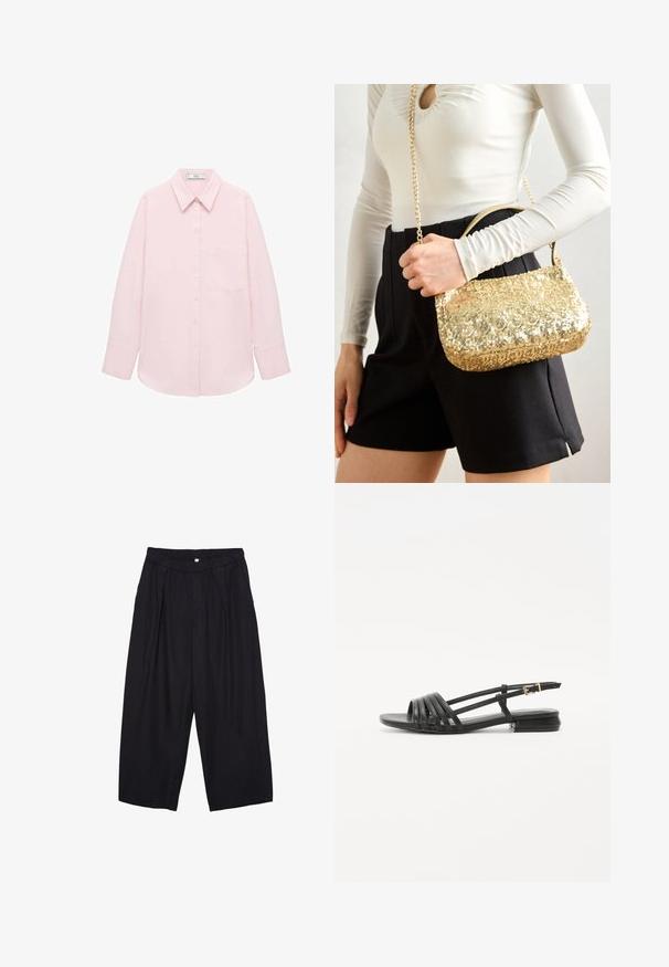 Light pink long-sleeve shirt with a button-up front, pointed collar, single pocket, and smooth texture. Features cuffed sleeves.; Black polyester culotte pants with an elastic waistband, two front pleats, and a loose silhouette. No visible patterns or hardware details.; Black flat sandals with a strappy design, featuring multiple leather straps and a slim ankle buckle. The sole is flat and rectangular.; Gold sequin handbag with a rectangular shape, featuring a short handle and a long chain strap. The texture is shiny and reflective.