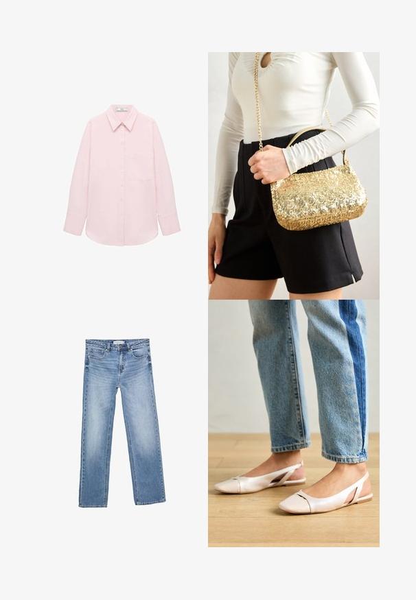 Lyserød langærmet skjorte med knaplukning fortil, spidse kraver, enkelt lomme og glat tekstur. Har manchetter ved ærmerne.; Straight-leg blå denim jeans med en falmet vask, fem lommer og en klassisk knaplukning. Lavet af bomuldsstof med tydelig syning.; Lyserøde slingback flade sko med spidse tær, lavet af et glat læderlignende materiale. Har udskæringsdetaljer på siderne og en flad hæl.; Gul paljett håndtaske i rektangulær form, med et kort håndtag og en lang kædestrop. Teksturen er skinnende og reflekterende.