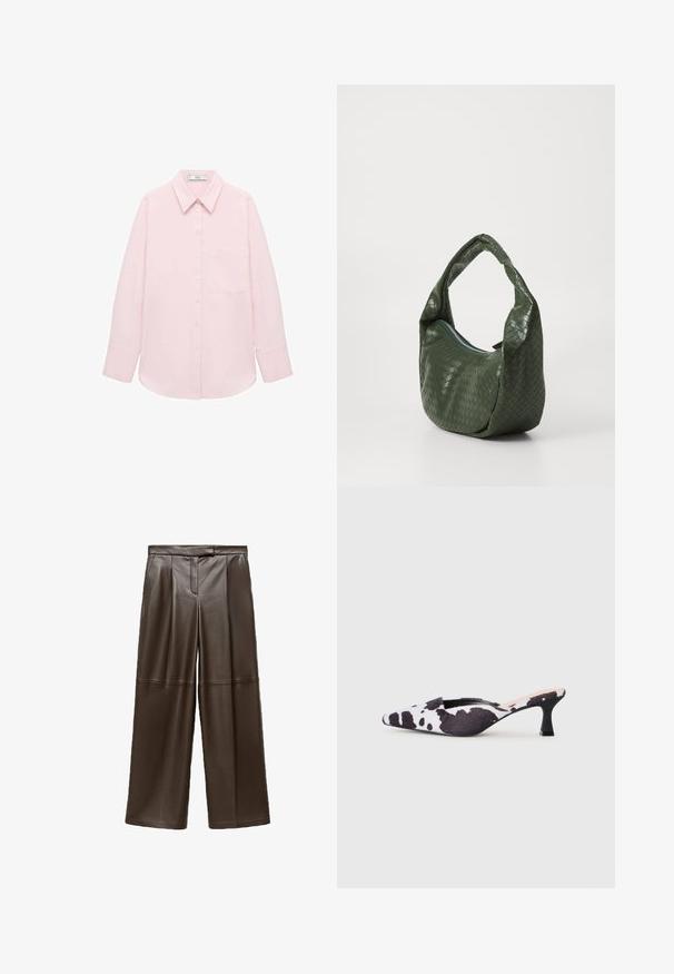 Lyserød langærmet skjorte med knaplukning fortil, spidse kraver, enkelt lomme og glat tekstur. Har manchetter ved ærmerne.; Brune læder brede bukser med en glat tekstur, der har folder foran og et klassisk taljebånddesign.; Spidse slingback hæle i sort og hvid ko-print design. Stofoverdel med en tekstureret finish og en slank sort hæl.; Grøn vævet lædertaske med en buet hank og lynlås. Har en struktureret, mønstret overflade og en blød, slaskede form.; Røde perleørehængere med en struktureret overflade og en guldtonet lukning. Cirkulær form med åben midte og rund perledetaljering.