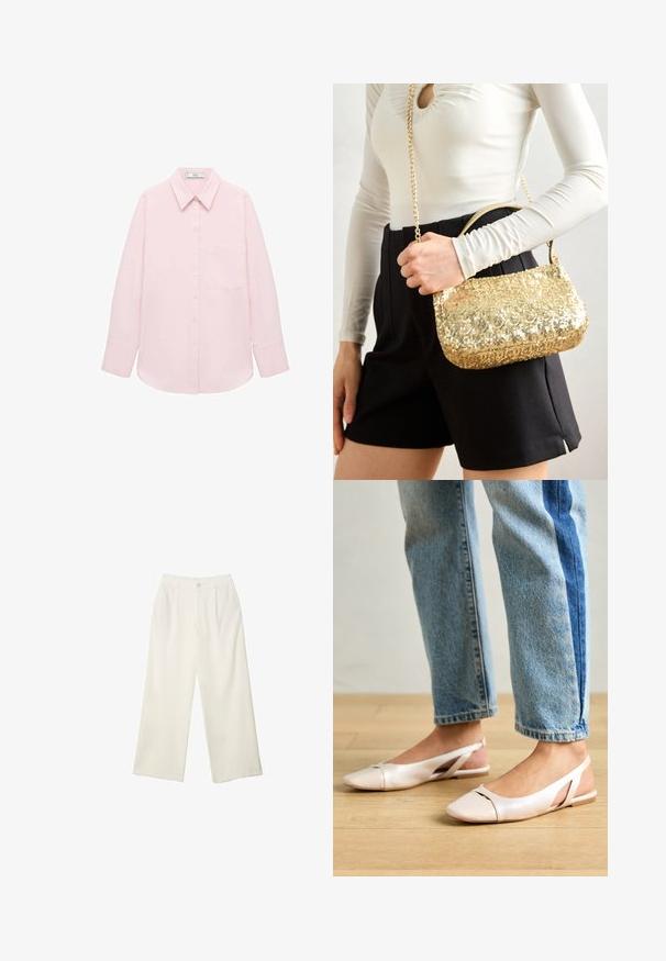 Light pink long-sleeve shirt with a button-up front, pointed collar, single pocket, and smooth texture. Features cuffed sleeves.; Wide-leg trousers in cream fabric with a smooth texture, featuring a single front button, subtle pleats, and a high waist design.; Pale pink slingback flats with a pointed toe, made from a smooth leather-like material. Features cut-out details at the sides and a flat heel.; Gold sequin handbag with a rectangular shape, featuring a short handle and a long chain strap. The texture is shiny and reflective.
