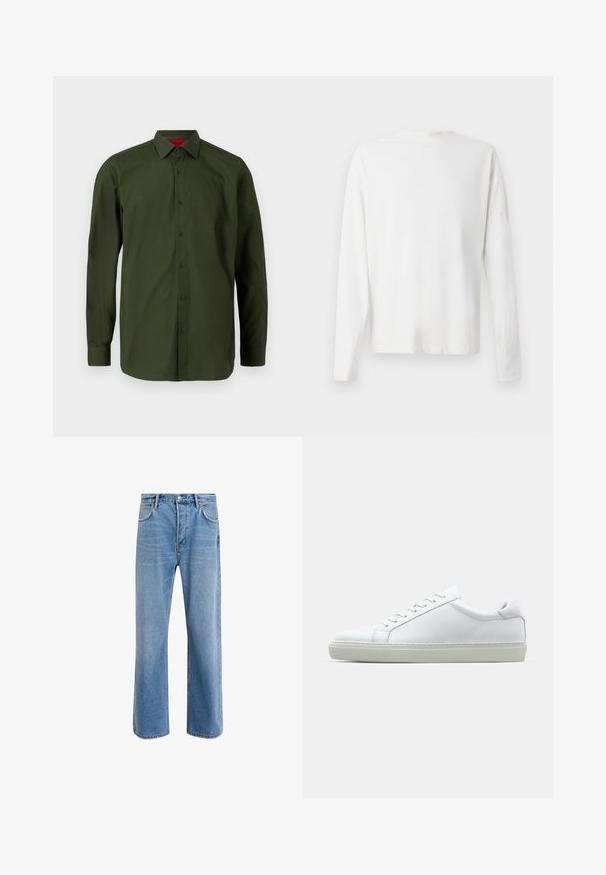HUGO VALERIO - Zakelijk overhemd - dark green; Witte katoenen blouse met lange mouwen en een ronde halslijn, met zijsplitten aan de onderkant en een gladde textuur, vanuit de achterkant weergegeven.; Lichtblauwe denim jeans met een straight-leg ontwerp, vijf zakken, knoopsluiting, minimale vervaging en contrasterende stikseldetails.; Witte sneaker met een gladlederen bovenwerk en een laag profiel. Voorzien van een ronde neus, zes vetergaatjes en een gestructureerde rubberen zool.