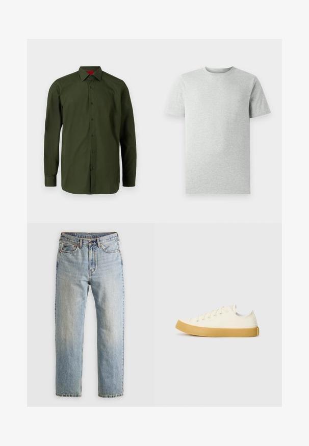 HUGO VALERIO - Dalykiniai marškiniai - dark green; Šviesiai pilka trumpomis rankovėmis marškinėliai su apvaliu kaklu, pristatyti baltoje fone, matomi iš priekio, be jokių matomų logotipų ar dizaino.; Šviesiai mėlynos džinsinės kelnės su aukštu liemeniu, priekyje mygtukas, užtrauktukas ir penkių kišenių dizainas, išklotos ant neutralios fono.; Oficio drobės sneakeriai baltai kreminės spalvos, su apvaliu galiuku, su smėlio spalvos guminiais padais ir penkiomis skylėmis raištams, turintys tekstūruotą viršutinę dalį.