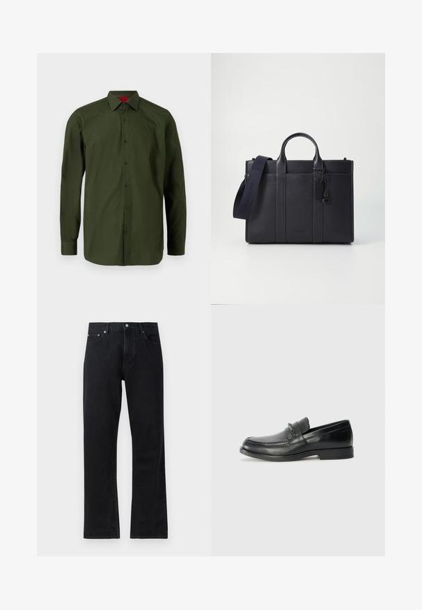 HUGO VALERIO - Chemise classique - dark green; Jean en denim noir avec une coupe droite, doté d'une fermeture à bouton, d'un style à cinq poches et de détails de couture subtils.; Mocassins en cuir noir à bout rond, avec un design cousu, une petite sangle à l'avant avec des détails en métal et une semelle plate en caoutchouc.; Malette en cuir bleu marine foncé avec deux poignées supérieures et une sangle détachable. Présente une finition texturée, des coutures verticales et un détail de logo.