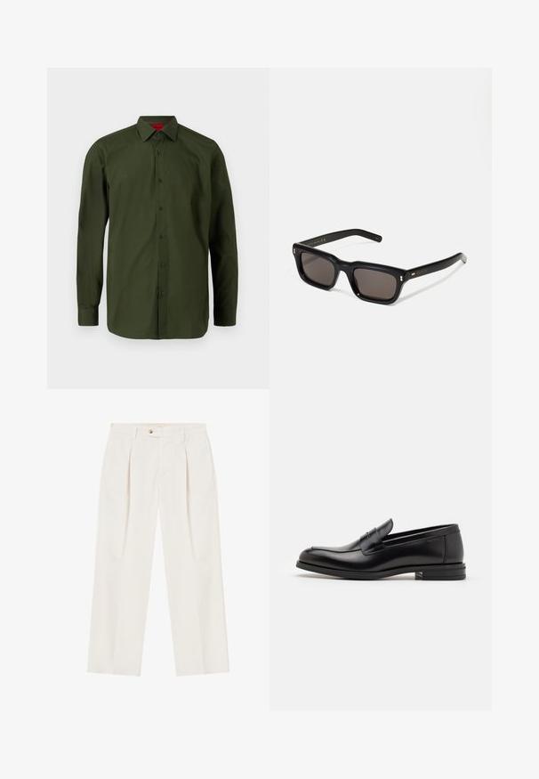 HUGO VALERIO - Business skjorter - dark green; Hvide, brede bukser med læg fortil, en enkelt knaplukning og sidelommer. Glat tekstur og skræddersyet design.; Sorte læderloafers med en glat overflade, rund tå og en dekorativ strop over vampen. Lav hæl med stabeldesign, minimalistisk stil.; Sorte rektangulære solbriller med mørke glas, tyk plastisk ramme, guldtryk på stængerne og brandlogo indgraveret på armen.