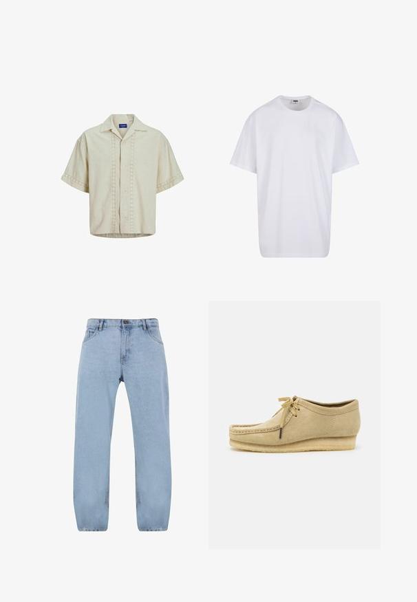 Camicia a maniche corte in lino beige con chiusura a bottoni, caratterizzata da dettagli ad occhio lungo il centro e i polsini. Orlo dritto.; Maglietta bianca in cotone con maniche corte, scollatura rotonda, vestibilità comoda e senza loghi o motivi visibili. Texture liscia e design minimale.; Jeans in denim azzurro chiaro con un design a gamba dritta, dotati di quattro tasche, chiusura con zip e dettagli in cucitura dorata.; Scarpa in suede beige con design a lacci, dettagli cuciti e suola in gomma. La forma è casual con un leggero tacco a cuneo.