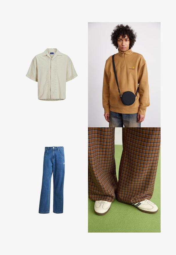 Camicia a maniche corte in lino beige con chiusura a bottoni, caratterizzata da dettagli ad occhio lungo il centro e i polsini. Orlo dritto.; Jeans di denim a vita alta e gamba larga blu, con tasche frontali, passanti per cintura, chiusura a bottone e piccolo logo Adidas sulla coscia destra.; Pantaloni a pieghe larghi a quadri marroni e blu abbinati a scarpe bianche con dettagli neri e suole testurizzate, posizionati su uno sfondo verde.; Felpa in pile marrone con zip a quarto e logo ricamato, abbinata a una borsa a tracolla rotonda nera con zip e dettagli del logo, indossata sopra dei jeans.