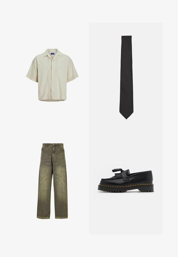 Kratka majica s kratkimi rokavi iz bež lana z gumbi na sprednji strani, ki ima detajl z očesi vzdolž sredine in na manšetah. Ravnina roba.; Široke jeans hlače iz olivno zelene denima, s poudarjenimi šivi, klasičnim gumbom za zapiranje in izblečenim videzom.; Črne usnjene loafersice s kaširanim naglasom, z debelim črnim podplatom in rumenim šivom ob robu. Teksturirana površina.; Črna kravata iz gladkega materiala, z ozko, podolgovato obliko in konico v obliki konice, brez vidnih vzorcev ali dodatkov.