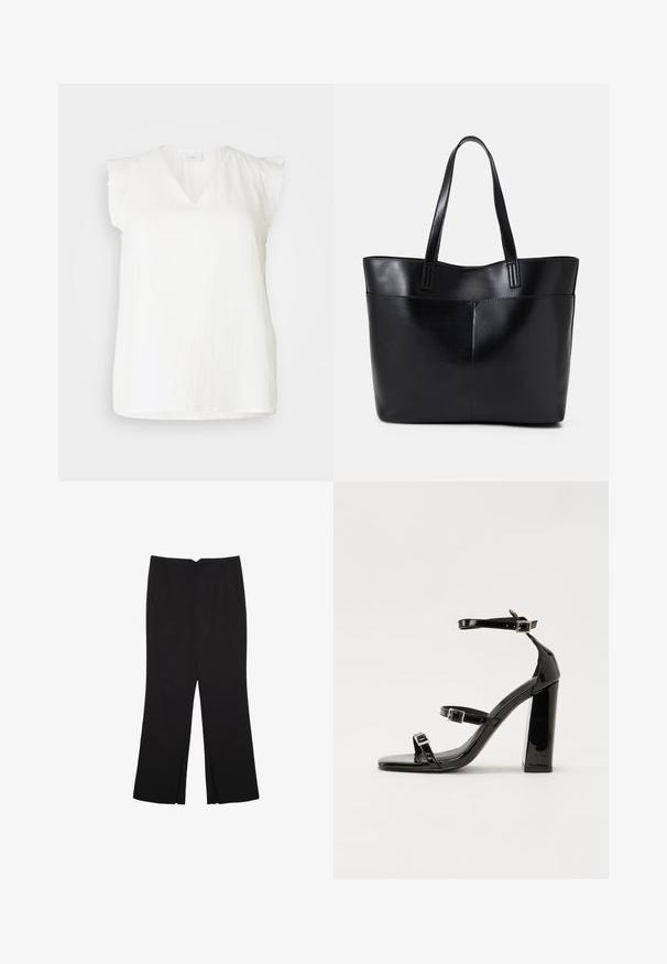 Bela brezrokavnica z V-izrezom, teksturirano blago in dekorativnim očesnim obročem na ramah. Lahka, z nekoliko ohlapnim krojem.; Črne hlače ravnega kroja z naglavnimi žepi in stranskimi razporki na robu. Narejene iz mehke, gladke tkanine. Primerne za različne priložnosti.; Črne lakirane sandale s peto, kvadratnim prstom, trakovi okrog gležnja in srebrnimi zaponkami. Opremljene so s stabilno Debelo peto.; Črna usnjena torba z dvema dolgima ročajema, gladko teksturo in strukturirano obliko. Ima sprednji žep za dodatno shranjevanje.