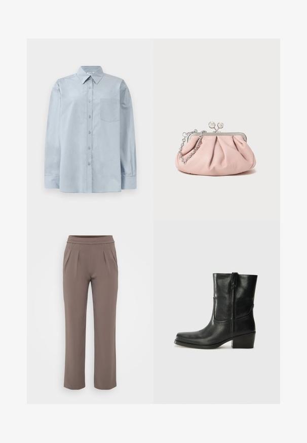 Camisa de botonada de manga larga azul claro con cuello puntiagudo y bolsillo en el pecho, dispuesta plana sobre un fondo blanco.; Pantalones sueltos color topo con cinturilla elástica y pliegues frontales, hechos de una tela suave.; Botín negro de cuero hasta el tobillo con punta redondeada, tacón cuadrado, cremallera lateral y detalles de costura en el empeine. Textura suave, diseño clásico.; Bolso de mano de cuero rosa con un diseño recogido, marco metálico, dos cierres redondos y una correa de cadena plateada. Textura suave, forma compacta.