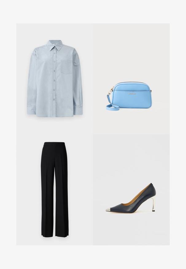 Lysblå langærmet skjorte med knapper, spidse krave og brystlomme, liggende fladt på en hvid baggrund.; Sorte vide benbukser med en glat tekstur, der har en høj talje og centerfolder. Ingen synlige mønstre eller hardware detaljer.; Marineblå læder højhælet sko med spids tå, med en sølvmetalisk hætte og en skinnende sølv stiletthæl.; Lyseblå læder crossbody-taske med hardware i guld tone, lynlås lukning og en frontlomme. Har en justerbar rem for bekvemmelighed.