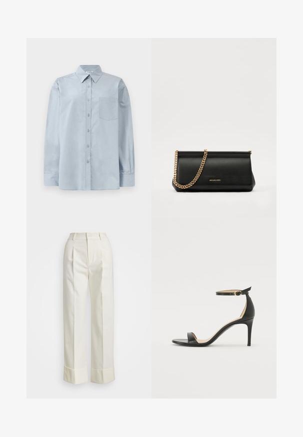 Šviesiai mėlynas ilgomis rankovėmis marškiniai su smailiu apykakle ir krūtinės kišene, ištiesti ant baltos fono.; Baltos pritaikytos kelnės su aukštu liemeniu, dvigubomis priekinėmis raukšlėmis ir plačiomis kojomis su sulenktais kraštais. Pagamintos iš glotnaus, tekstūruoto audinio.; Juodos oda aukštakulniai sandalai su kulkšnies dirželiu. Pasižymi lygiu paviršiumi, atviru pirštu ir plonu kulnu. Auksinės spalvos sagties detalė.; Juodas odinis delninukas su auksine grandine, turintis lygų paviršių, stačiakampį išmatavimą ir įspaustą prekės ženklą priekyje.