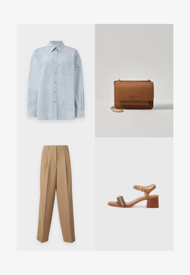 Svetlo modra srajca z dolgimi rokavi in gumbi, s poudarjenim ovratnikom in žepom na prsih, razprostrta na beli podlagi.; Bež hlače z visokim pasom, gubanim sprednjim delom in širokim krojem. Tkanina se zdi gladka z rahlim sijajem.; Svetlosmeđi sandali s potpeticom u obliku kvadrata, dva tamnosmeđa remena i zlatna kopča. Imaju kosu blok potpeticu i glatku kožnu teksturu.; Rjava teksturirana usnjena torba čez ramo z zlatim verižnim trakom in zapiranjem na pokrov. Spredaj je vidna podrobnost logotipa in žep pod pokrovom.