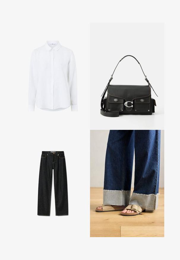 Witte langetermijns overhemd van linnen met een knoopsluiting aan de voorkant, klassieke kraag en omgeslagen mouwen. Glad textuur en een lichtgewicht uitstraling.; Donkerdenim jeans met een rechte snit, messing knoopsluiting en contrasterende gele stiksels. Beschikt over vijf zakken en een klassieke pasvorm.; Voeten in beige Birkenstock-sandalen met gouden gespen, gecombineerd met donkerblauwe denimspijkerbroeken die bij de boorden opgerold zijn, staande op een houten vloer.; Zwarte leren handtas met een klep-sluiting, zilverkleurige hardware, twee voorzakken, contrasterende stiksels en een afneembare schouderriem.