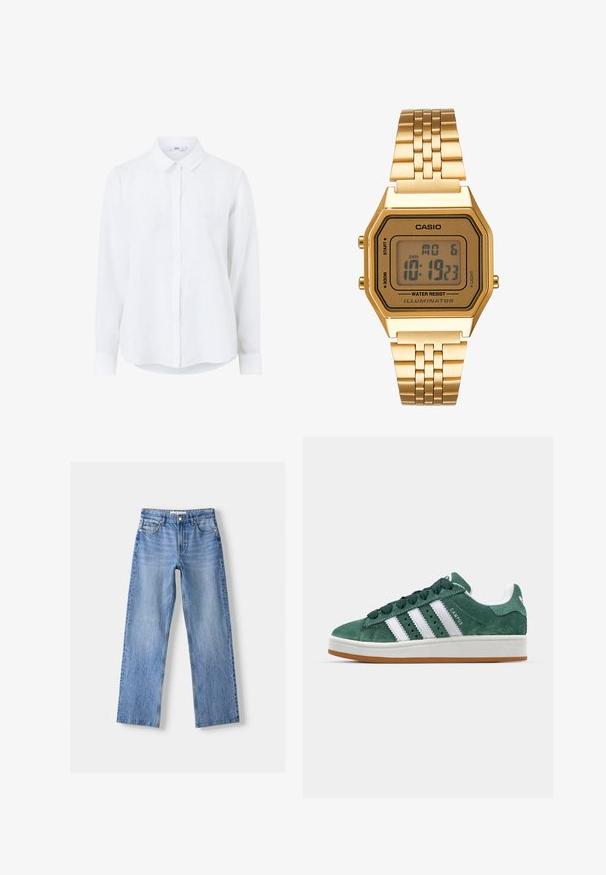 Chemise blanche à manches longues en lin, avec un devant à boutons, un col classique et des manches à poignet. Texture lisse avec une apparence légère.; Jean en denim bleu clair avec une coupe droite, comportant cinq poches, une fermeture à bouton sur le devant, et un léger délavage pour ajouter de la texture.; Baskets en daim vert avec des bandes en cuir blanc, semelle en caoutchouc, col rembourré et design minimaliste. Avec un logo sur le côté.; Montre numérique dorée avec un cadran rectangulaire, écran LCD, bracelet en acier inoxydable et boutons sur le côté. Présente un label résistant à l'eau.