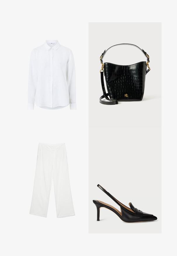 Biała koszula z długim rękawem z lnu, z zapięciem na guziki, klasycznym kołnierzykiem i mankietami. Gładka faktura i lekki wygląd.; Spodnie wide-leg w białym materiale, charakteryzujące się gładką fakturą, przednimi kieszeniami oraz klasycznym pasem z szlufkami na pasek.; Czarne skórzane czółenka na obcasie typu slingback z wąskim noskiem, niskim obcasem i ozdobnym paskiem na podbiciu. Gładka tekstura i minimalistyczny design.; Czarna torba ze skóry z tłoczeniem w krokodylą skórę o zaokrąglonym kształcie, z akcentami ze złotego metalu, regulowanym paskiem oraz detalem logo z przodu.