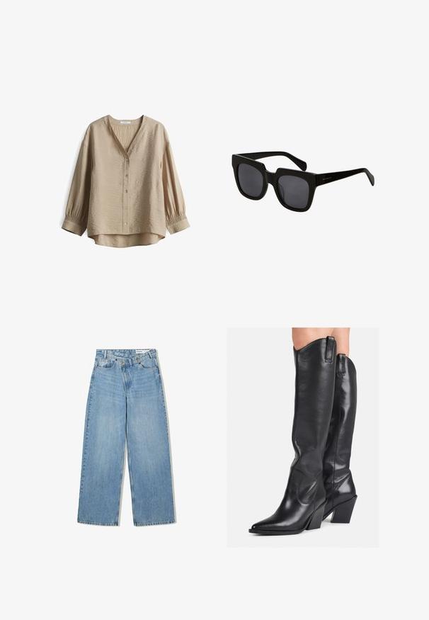Beige Bluse aus strukturiertem Stoff mit V-Ausschnitt, Knopfverschluss und gerafften Ärmeln. Sie hat eine lockere Passform und einen abgerundeten Saum.; Hellblaue weite Jeans aus Denim, mit hoher Taille, fünf Taschen, Knopfverschluss und dezentem Verblassen für Textur.; Knielange schwarze Lederstiefel mit spitz zulaufender Zehenpartie, strukturierter Oberfläche und klobigem Absatz. Verfügt über seitliche Zuglaschen und dezente Nahtdetails.; Schwarze rechteckige Sonnenbrillen mit dicken Kunststoffrahmen und dunklen Gläsern. Die Bügel sind elegant mit einer glänzenden Oberfläche und minimalistischer Markenkennzeichnung.; Schlichte schwarze Ledertasche mit geflochtenem Design, in lässiger Form und breitem Schulterriemen. Sie verfügt über eine strukturierte, verflochtene Optik mit glatter Oberfläche.