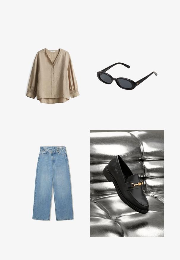 Beige Bluse aus strukturiertem Stoff mit V-Ausschnitt, Knopfverschluss und gerafften Ärmeln. Sie hat eine lockere Passform und einen abgerundeten Saum.; Hellblaue weite Jeans aus Denim, mit hoher Taille, fünf Taschen, Knopfverschluss und dezentem Verblassen für Textur.; Schwarze Leder-Loafer mit goldfarbener Hardware. Der Schuh zeichnet sich durch ein elegantes Design und eine glatte, glänzende Oberfläche aus.; Schwarze, oversized Sonnenbrillen mit ovalen Gläsern, glattem Kunststoffrahmen und goldenen Akzenten an den Bügeln. Die dunklen Gläser bieten Sonnenschutz.; Weiche braune Hobo-Stil Handtasche mit einem einzigen breiten Trageriemen und einer geschwungenen Oberteilöffnung, auf einem weißen Hintergrund präsentiert.