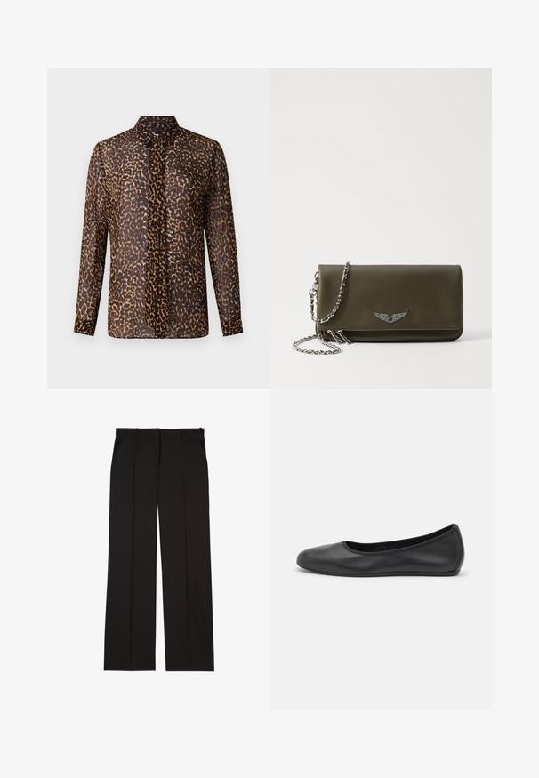 Blusa a stampa leopardata con colletto, maniche lunghe e pattina con bottoni. Realizzata in tessuto leggero e trasparente in tonalità di marrone e nero.; Pantaloni neri su misura realizzati in un tessuto liscio, con un design a gamba dritta e due tasche laterali. Costruzione elegante e minimalista.; Pantofole da balletto nere in pelle con punta arrotondata, texture liscia, dettagli di cucitura minimi e design con suola flessibile.; Clutch bag in pelle verde oliva con un accento di ala metallica, dotata di tracolla a catena e chiusura con zip, dalla texture liscia e forma rettangolare.