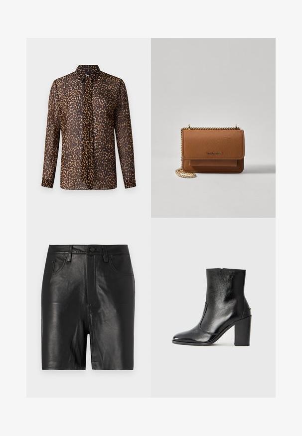 Leopard print blouse with a collar, long sleeves, and a button placket. Made of sheer, lightweight fabric in shades of brown and black.; Black leather shorts with a smooth texture, featuring a front zip, button closure, and classic five-pocket design.; Black leather ankle boot with a smooth texture, pointed toe, and a chunky high heel. Features a side opening and minimalistic design.; Brown textured leather crossbody bag with gold chain strap and flap closure. Front features logo detail and a pocket under the flap.