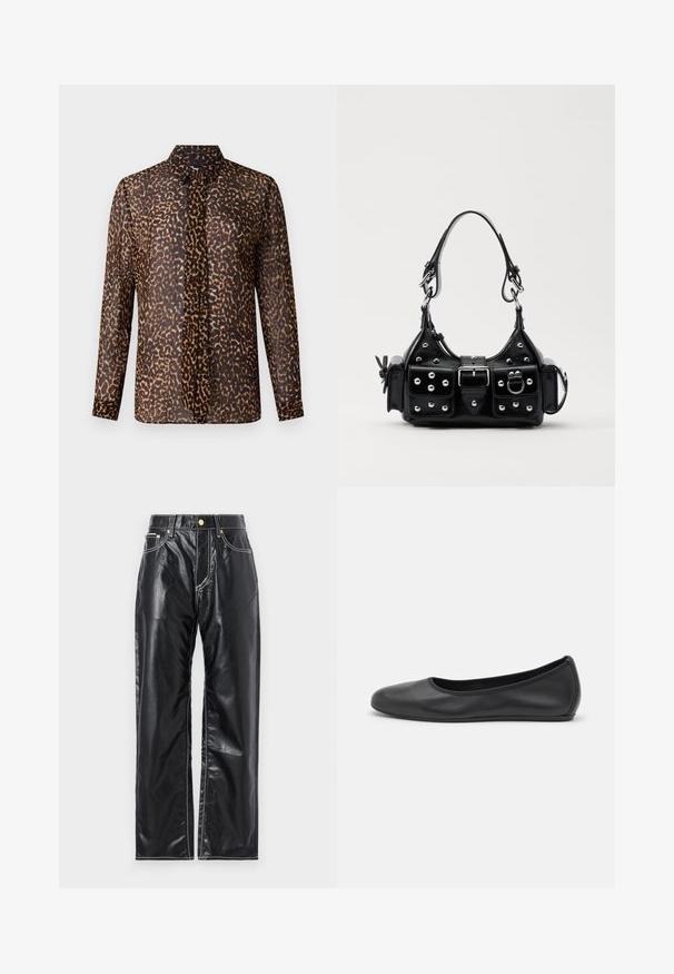 Bluse mit Leopardenmuster, Kragen, langen Ärmeln und Knopfleiste. Hergestellt aus transparenter, leichter Stoff in Brauntönen und Schwarz.; Schwarze Kunstlederhosen mit weitem Schnitt, ausgestattet mit weißen Nähten, frontalen Taschen und einem goldenen Knopf am Bund.; Schwarze Leder-Ballettschuhe mit abgerundeter Spitze, glatter Textur, minimalen Nähdetails und einem flexiblen Sohlen-Design.; Schwarze Lederhandtasche mit einem geschwungenen Design, verziert mit silbernen Nieten, einer Schnalle und zwei seitlichen Taschen. Verstellbarer Träger für verschiedene Tragemöglichkeiten.