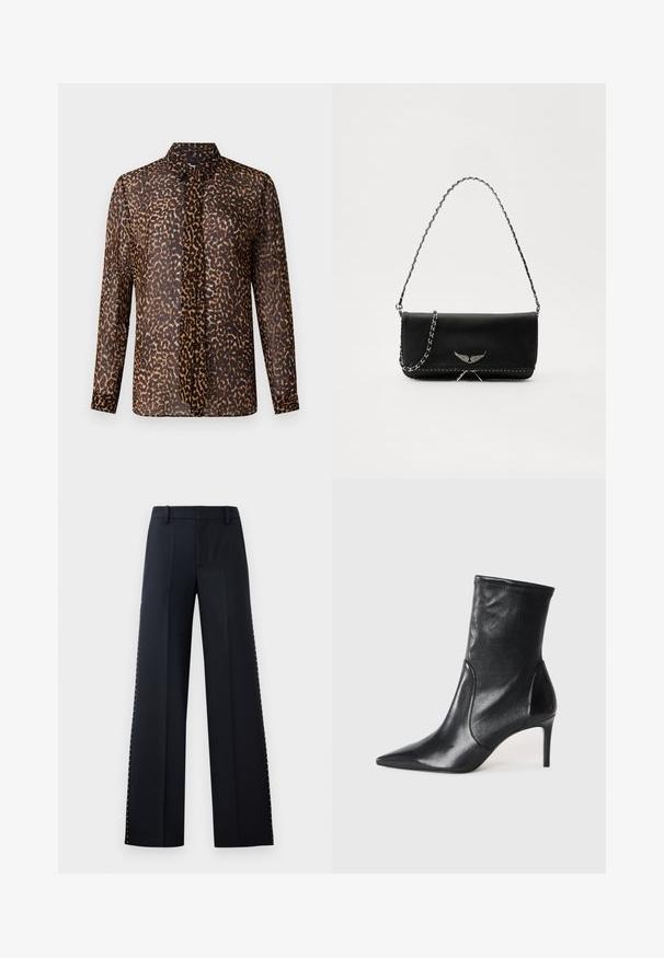 Blusa de estampado de leopardo con cuello, mangas largas y botonera. Fabricada en una tela ligera y transparente en tonos marrones y negros.; Pantalones de pierna ancha en negro. Corte entallado con una textura suave. Presenta una fila de remaches metálicos a lo largo de las costuras laterales como detalle.; Botas negras hasta el tobillo hechas de cuero suave, con punta afilada, caña ajustada y tacón alto delgado. Diseño minimalista sin herrajes visibles.; Bolso de mano de cuero negro con una correa de cadena plateada, que presenta acentos decorativos en forma de alas y costuras blancas a lo largo de la costura inferior.