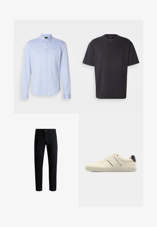 Lichtblauwe overhemd met lange mouwen en knoopsluiting, met een puntige kraag, wit logo op de borst en een gestructureerde stof. Standaard pasvorm en afgeronde zoom.; Zwarte T-shirt met korte mouwen van katoen, met een ronde halslijn en subtiele branding bij de kraag. Gladde textuur met een relaxte pasvorm.; Zwarte slim-fit jeans met vijf zakken, knoopsluiting en riemlussen, tegen een witte achtergrond gepresenteerd.; Crème-kleurige sneakers met een gladde textuur, voorzien van zwarte accenten en branding. Tijdloos vetersysteem met een ronde neus en rubberen zool.
