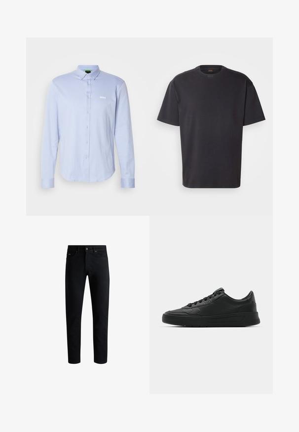 Lichtblauwe overhemd met lange mouwen en knoopsluiting, met een puntige kraag, wit logo op de borst en een gestructureerde stof. Standaard pasvorm en afgeronde zoom.; Zwarte T-shirt met korte mouwen van katoen, met een ronde halslijn en subtiele branding bij de kraag. Gladde textuur met een relaxte pasvorm.; Zwarte slim-fit jeans met vijf zakken, knoopsluiting en riemlussen, tegen een witte achtergrond gepresenteerd.; Zwarte sneaker met een glad leren bovenwerk, ronde neus, platte veters, gewatteerde kraag en minimalistisch design. Rubberen zool met een subtiel profiel.