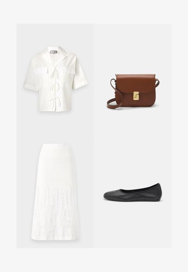 White short-sleeve shirt with a collar, featuring two front pockets and a tie closure down the middle. Textured fabric with a subtle pattern.; Knit white midi skirt featuring a textured pattern with vertical lines and cut-out details near the hem. Elastic waistband. Soft material.; Black leather ballet flat with a rounded toe, smooth texture, minimal stitching detail, and a flexible sole design.; Brown leather handbag with a flap closure, gold-tone hardware, a shoulder strap, and a smooth texture. Compact rectangular shape.