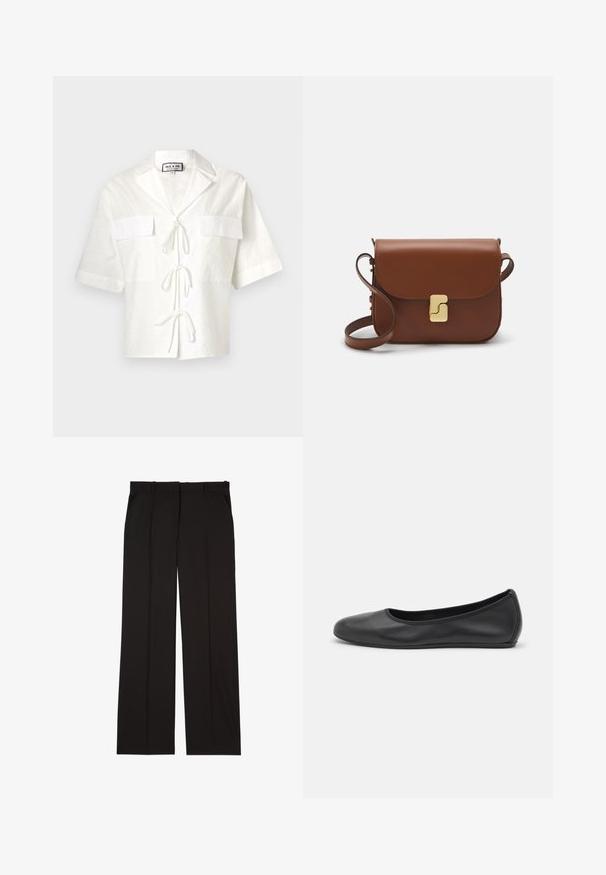 Camisa branca de manga curta com colarinho, apresentando dois bolsos frontais e um fecho com laço ao centro. Tecido texturizado com um padrão subtil.; Calças pretas sob medida feitas de um tecido suave, com um design de perna reta e dois bolsos laterais. Construção elegante e minimalista.; Bailarina preta em pele com bico arredondado, textura suave, detalhe de costura minimalista e design de sola flexível.; Bolsa de couro castanho com fecho de aba, decoração em tom dourado, alça de ombro e textura suave. Formato retangular compacto.