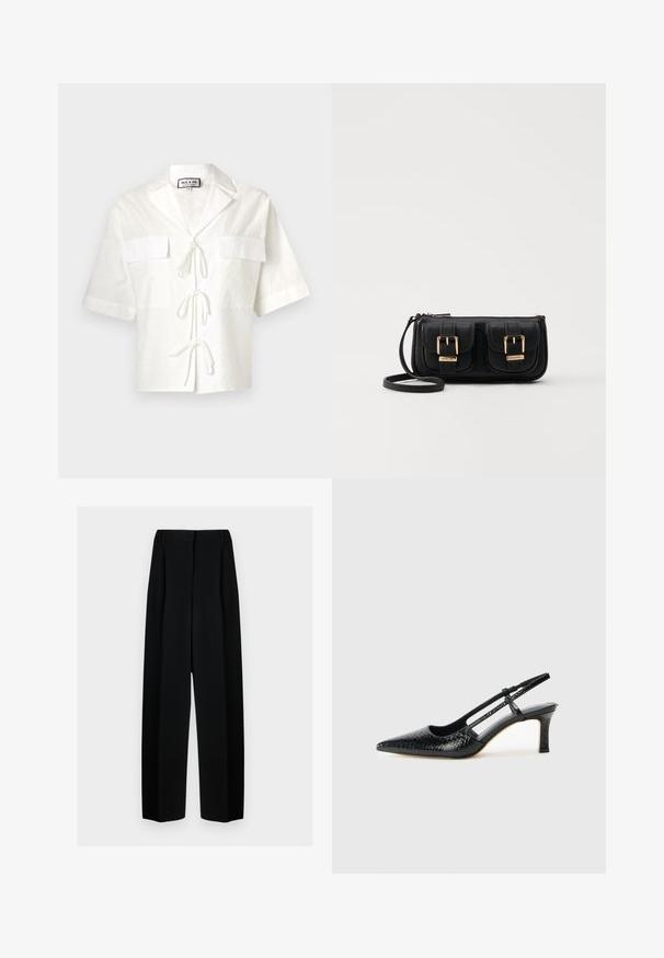 Weißes kurzärmliges Hemd mit Kragen, ausgestattet mit zwei Fronttaschen und einer Bindung in der Mitte. Texturiertes Gewebe mit einem subtilen Muster.; Schwarze weit geschnittene Hosen mit hoher Taille, die Falten und eine glatte Textur aufweisen. Der Stoff wirkt leicht und fällt elegant.; Schwarze Lack-Slingback-Pumps mit spitzem Zehenbereich, versehen mit strukturiertem Schlangenprint, verstellbarem Riemen und einem kurzen, strukturierten Blockabsatz.; Schwarze Leder-Umhängetasche mit zwei vorderen Taschen, goldenen Schnallen, Reißverschluss und einem schmalen Tragegurt. Texturierte Oberfläche und kompakte rechteckige Form.